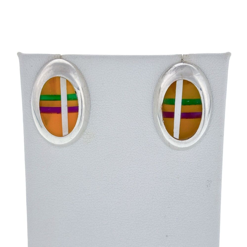 Vintage Silver and Multicolor Oval Earrings